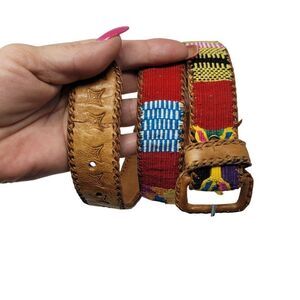 Vintage Handwoven Leather Patchwork‎ Textile Belt M Southwestern Colorful